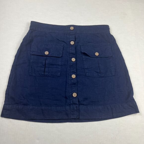 Nicole Miller Linen A-Line Mini Skirt Blue Button Front Utility Pockets Casual L - Picture 1 of 9